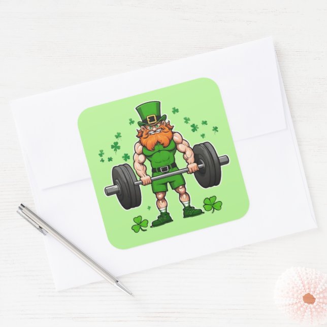 St. Patrick's Day Funny Leprechaun Barbell Gym Quadratischer Aufkleber (Umschlag)