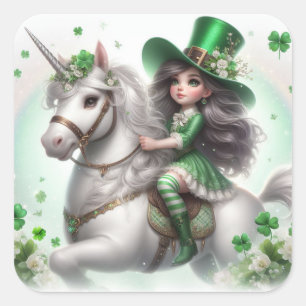 St. Patrick's Day Girl and Unicorn Quadratischer Aufkleber