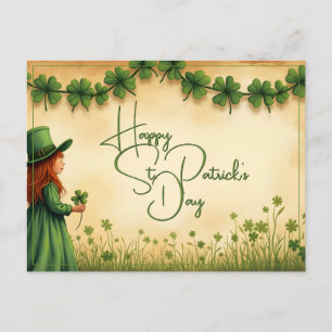 St. Patrick's Day Girl mit Kleeblättern Feiertagspostkarte