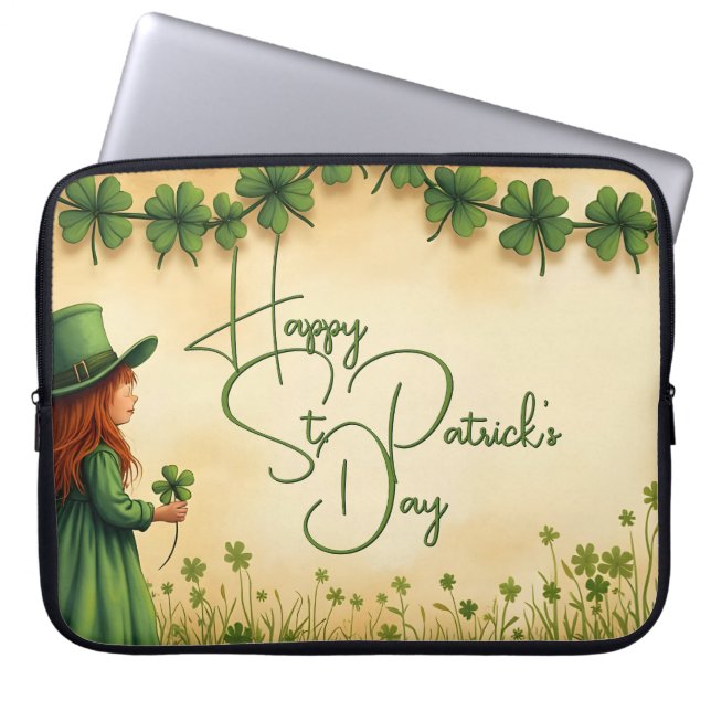 St. Patrick's Day Girl mit Kleeblättern Laptopschutzhülle (Vorderseite)