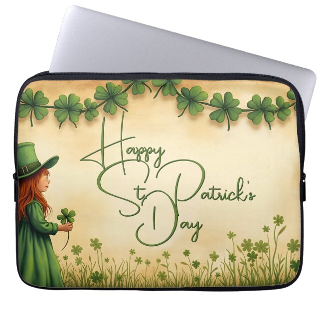 St. Patrick's Day Girl mit Kleeblättern Laptopschutzhülle (Vorderseite)