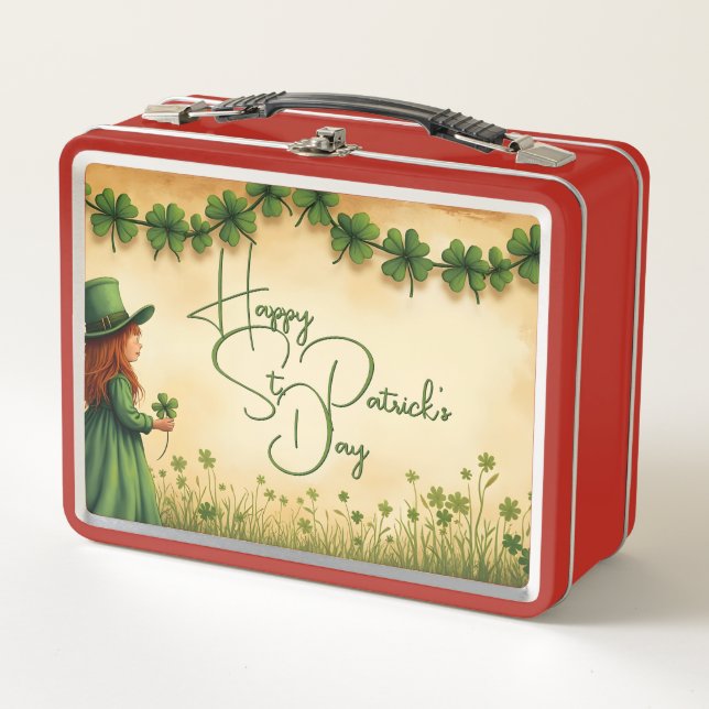 St. Patrick's Day Girl mit Kleeblättern Metall Brotdose (Vorderseite)