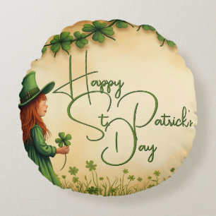 St. Patrick's Day Girl mit Kleeblättern Rundes Kissen
