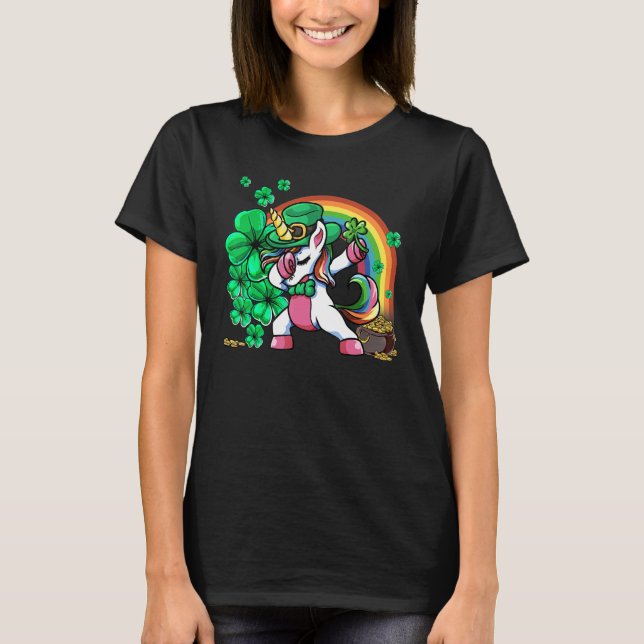 St Patricks Day Girls Dabbing Unicorn Leprechaun L T-Shirt (Vorderseite)