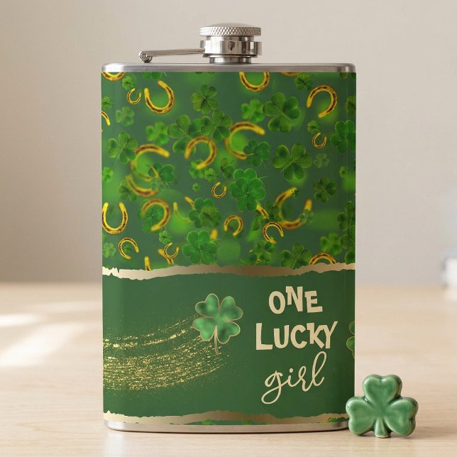 St Patricks Day Glücksmädchen Grün & Gold Kleeblat Flachmann (St Patricks Day Lucky Girl Green & Gold Clover Flask)