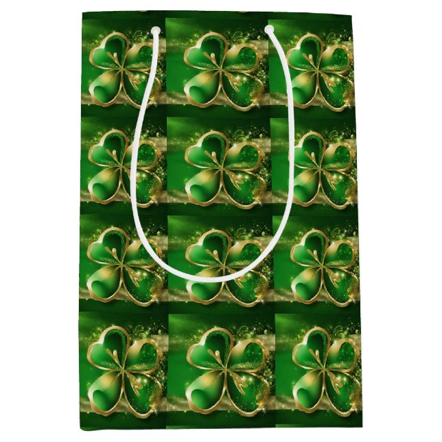 St. Patricks Day Gold Glitzer Green Clover Leaf Mittlere Geschenktüte (Vorderseite)