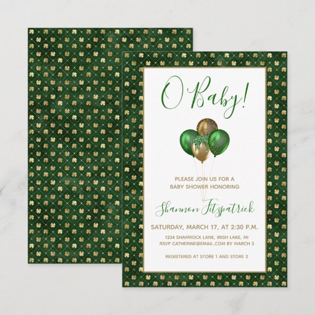 St. Patrick's Day Gold Green Kleeblatts Baby Showe Einladung (Vorne/Hinten)