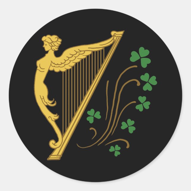 St Patrick's Day Gold Harp und Kleeblatts Runder Aufkleber (Vorderseite)