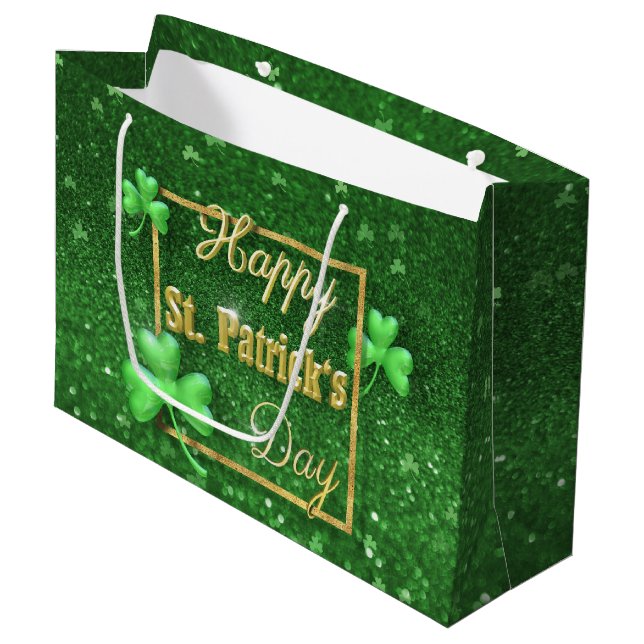 St. Patrick's Day Gold Kleeblatt Große Geschenktüte (Vorderseite Schrägansicht)