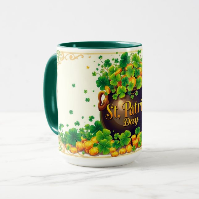 St. Patrick's Day Goldtopf und Kleeblatt Tasse (Vorderseite Links)