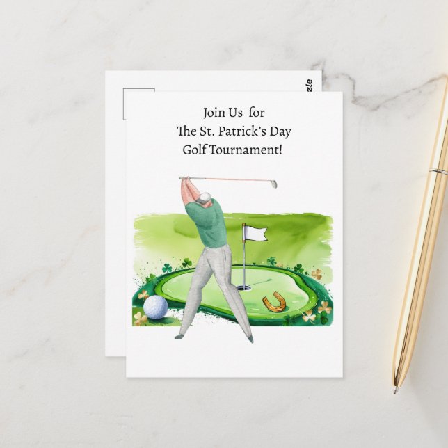 St. Patrick's Day Golf Turnier Einladung Postkarte (Vorderseite/Rückseite Beispiel)