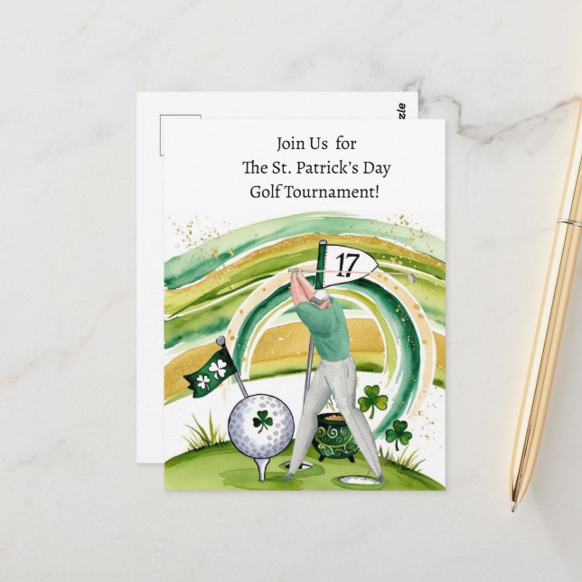 St. Patrick's Day Golf Turnier Einladung Postkarte (Vorderseite/Rückseite Beispiel)