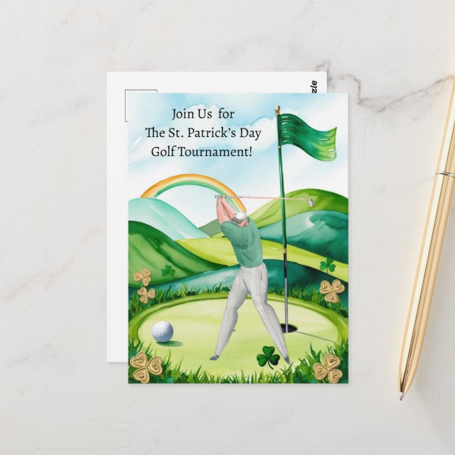 St. Patrick's Day Golf Turnier Einladung Postkarte (Vorderseite/Rückseite Beispiel)