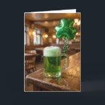 St. Patrick's Day Green Beer and Balloon Karte<br><div class="desc">A pint of green beer rests on a rustic wooden bar counter,  adorned with a shamrock-shaped balloon,  as warm lighting casts a cozy glow,  enhancing the festive atmosphere perfect for celebration.
The inside text is editable.</div>