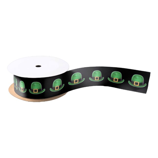 St Patrick's Day Green Derby Hat Muster auf schwar Satinband (Spule)