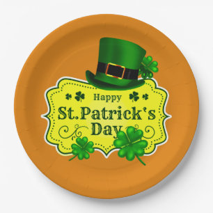 St Patrick's Day Green Hat & Kleeblatts auf Orange Pappteller