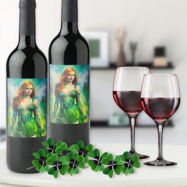 St Patrick's Day Green Irish Fairy 3 Leaf Clover Weinetikett (Von Creator hochgeladen)