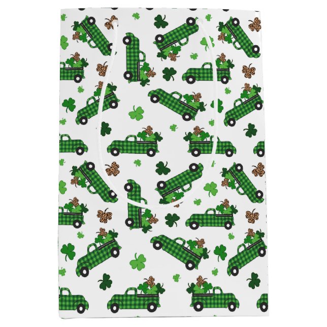 St Patricks Day Green Kariert Truck Clover Leaf Mittlere Geschenktüte (Vorderseite)