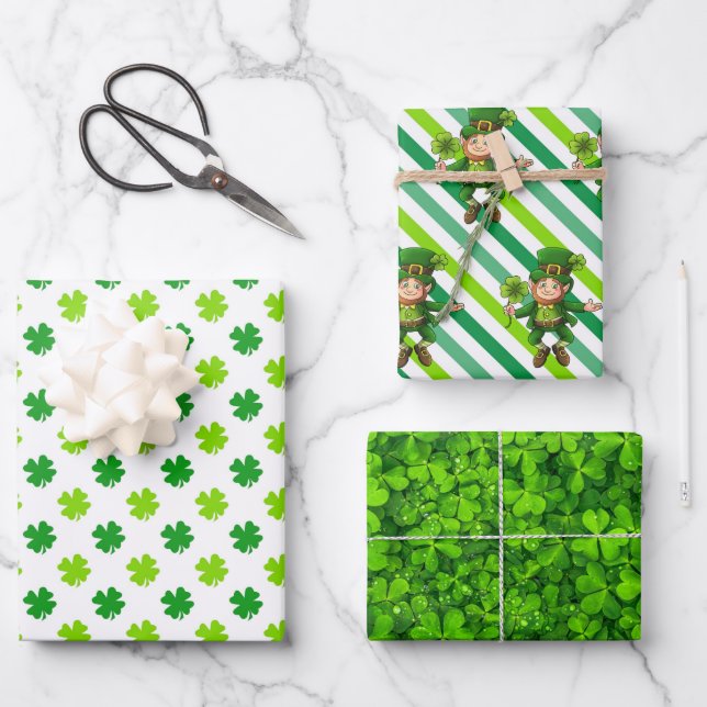 St. Patrick's Day Green Kleeblatts Leprechaun Spaß Geschenkpapier Set (Vorderseite)