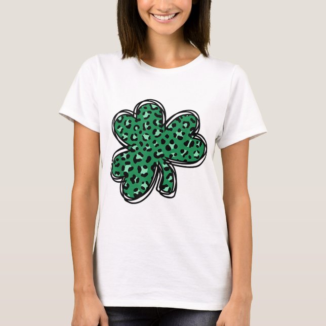 St. Patrick's Day Green Leopard Clover Kleeblatt T-Shirt (Vorderseite)