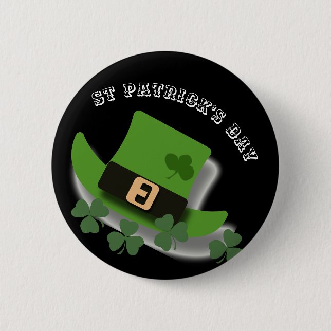 St Patricks Day Green Leprchaun Hat und Kleeblatt Button (Vorderseite)