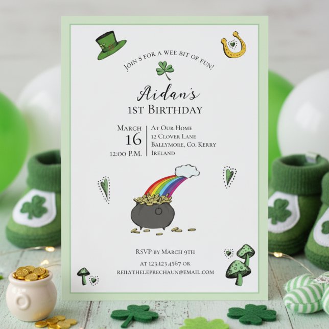 St Patricks Day Green Rainbow 1. Geburtstag Einladung (Irish First Birthday Rainbow Invite. Green Shamrock Pot of Gold St Patrick's Day 1st Birthday Party)