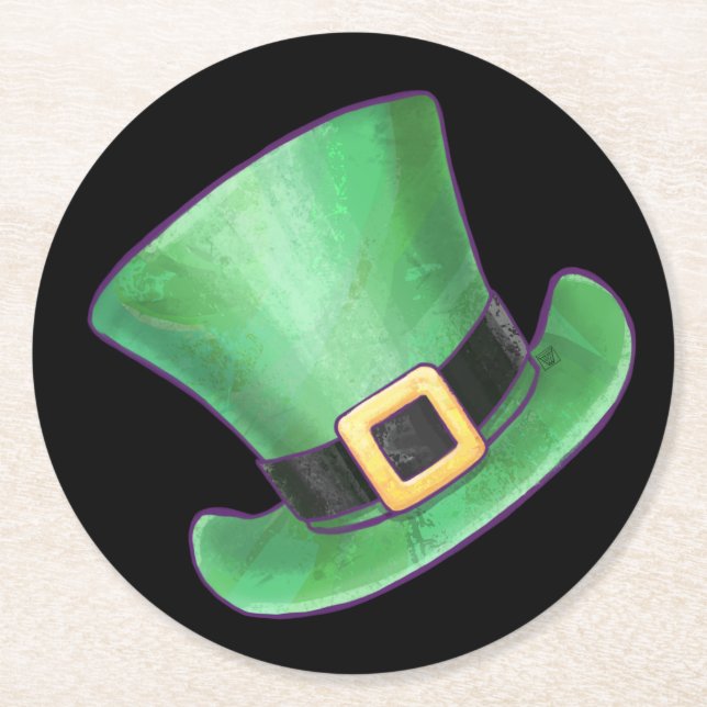 St Patrick's Day Green Top Hat auf Black Runder Pappuntersetzer (Vorderseite)