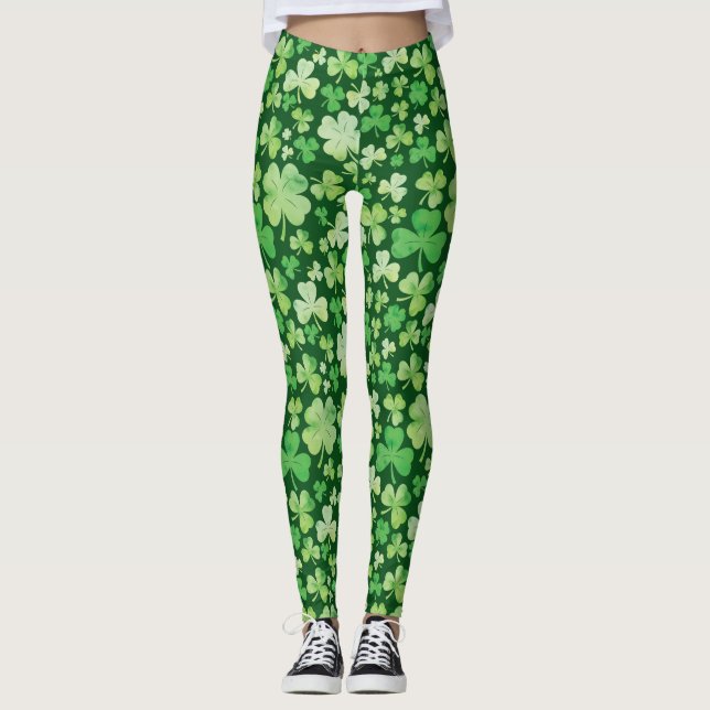St Patricks Day Green Watercolor Kleeblatt Muster Leggings (Vorderseite)