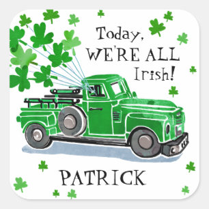 St. Patrick's Day Grüner Vintage-LKW mit Namen Quadratischer Aufkleber