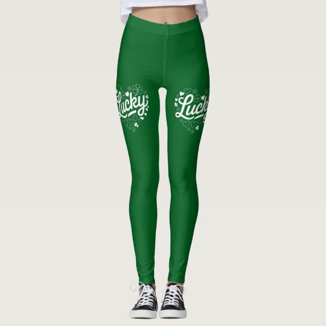 St Patrick's Day Heart Lucky Clover Kleeblatt Leggings (Vorderseite)