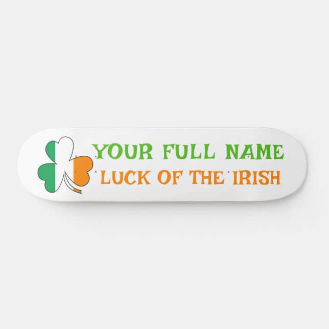 St Patrick's Day Ireland Flag Shamrock Custom Name Skateboard (Horizontal)