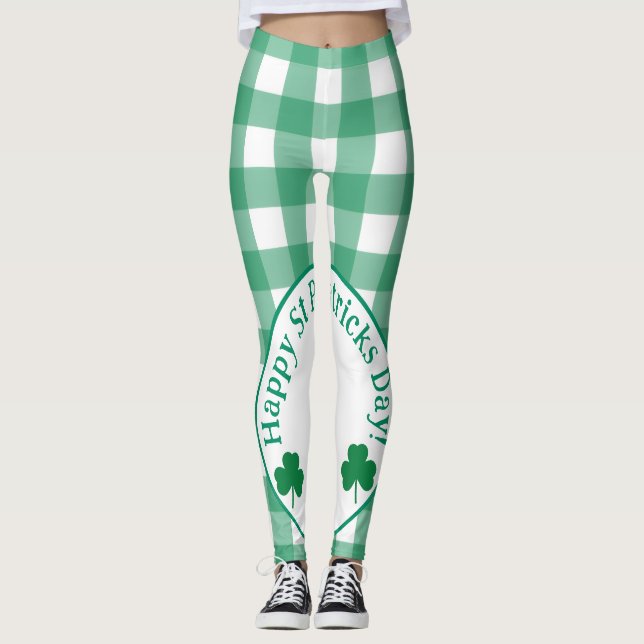 St Patricks Day Irish Clover Green Check Leggings (Vorderseite)