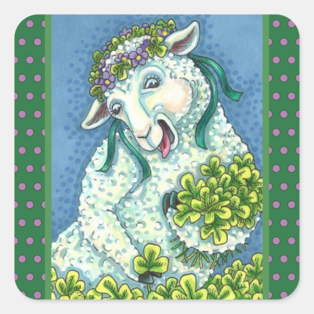 ST. PATRICK'S DAY IRISH EWE, SHEEP & KLEEBLATTS QUADRATISCHER AUFKLEBER (Vorderseite)