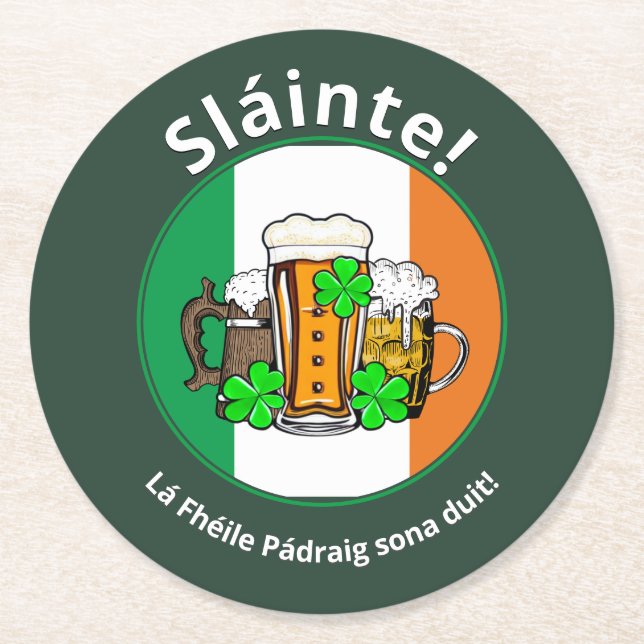 ST PATRICKS DAY Irish Flag Beer Runder Pappuntersetzer (Vorderseite)
