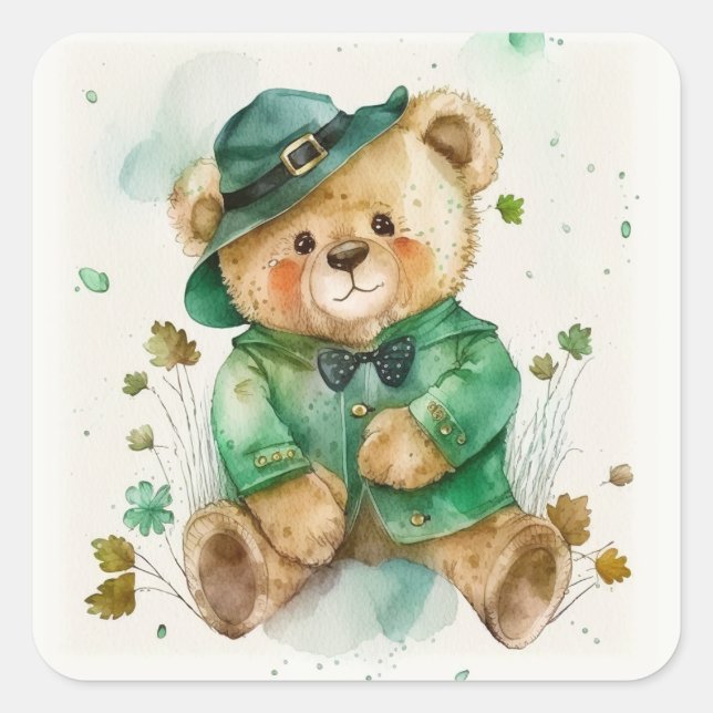 St. Patrick's Day Irish Teddy Bear Quadratischer Aufkleber (Vorderseite)