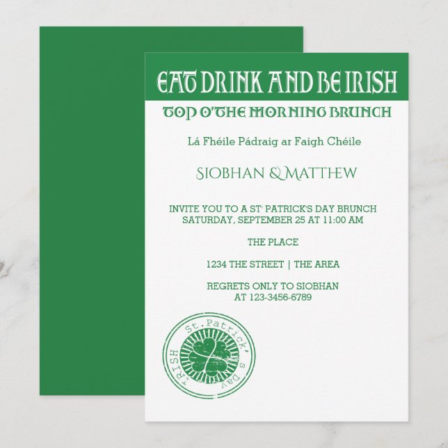 St Patricks Day Irish Themed Morgens Brunch Einladung (Vorne/Hinten)