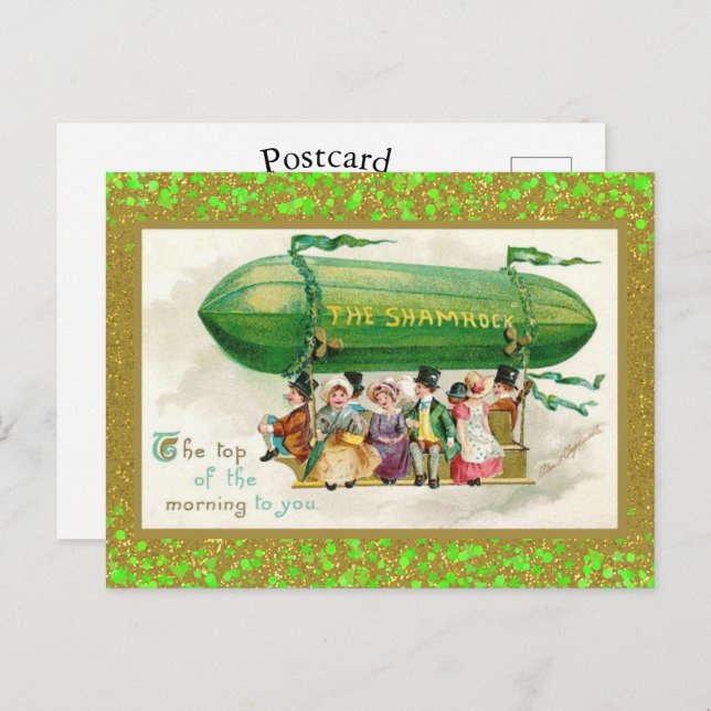 St Patrick's Day Irish Zeppelin Kleeblatts Glitzer Postkarte (Vorne/Hinten)