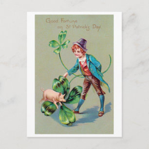 St. Patricks Day Junge & Glücksschwein, Vintage Postkarte