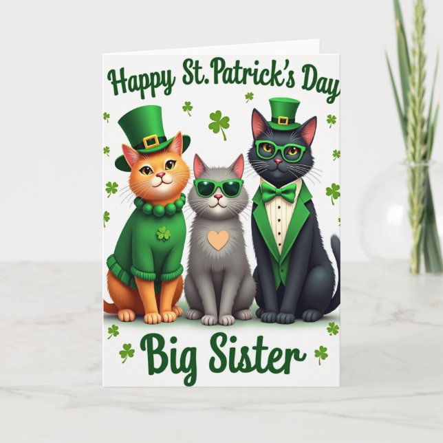 St. Patricks Day Karte für große Schwester mit Kat (Vorderseite)