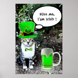 ST. PATRICK'S DAY KATZE MIT GRÜNEM IRISCHEM BIER POSTER