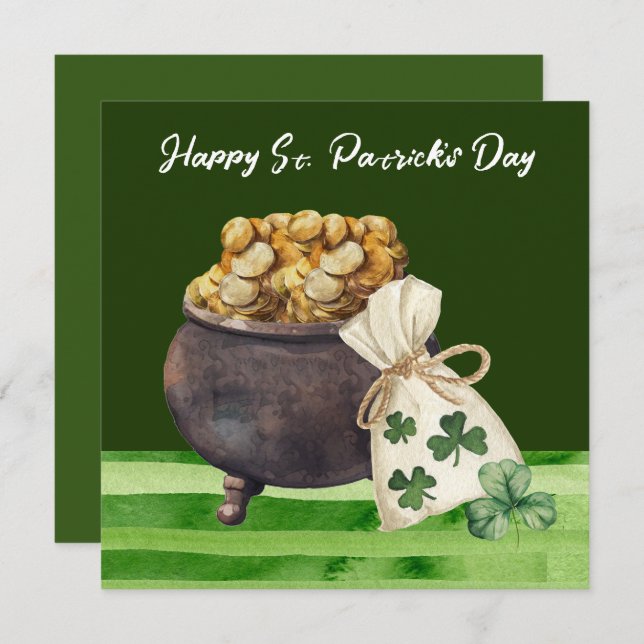 St. Patricks Day Kleeblatt Clover and Pot Karte (Vorne/Hinten)