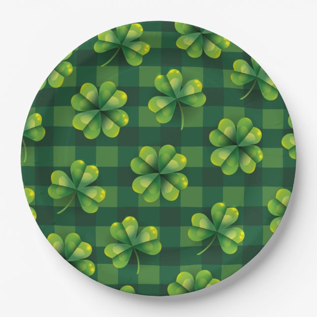 St. Patrick's Day Kleeblatt Kariert Pappteller (Vorderseite)