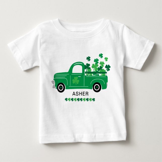 St. Patrick's Day Kleeblatt LKW Personalisierter N Baby T-shirt (Vorderseite)