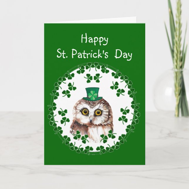 St. Patrick's Day Kleeblatt Niedlich Owl Weisheit  Karte (Vorderseite)