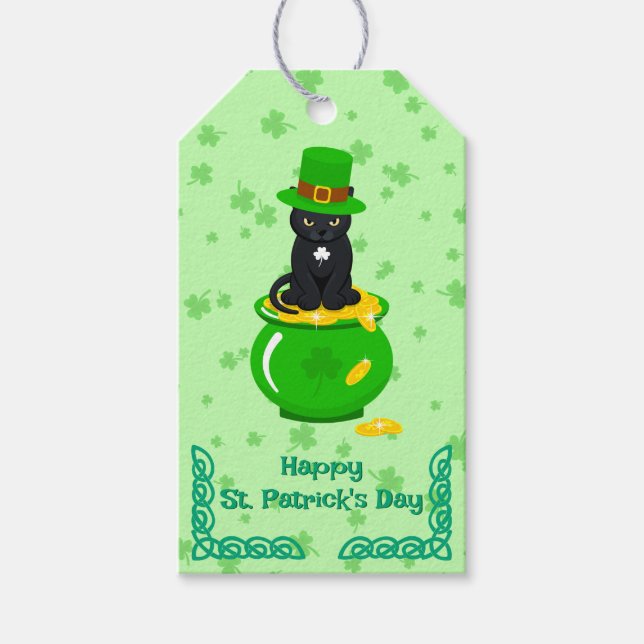 St. Patrick's Day Kleeblatt Pot of Gold Black Cat Geschenkanhänger (Vorderseite)