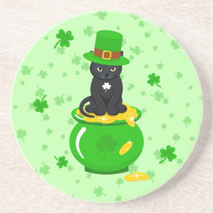 St. Patrick's Day Kleeblatt Pot of Gold Black Cat Getränkeuntersetzer
