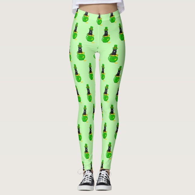 St. Patrick's Day Kleeblatt Pot of Gold Black Cat Leggings (Vorderseite)