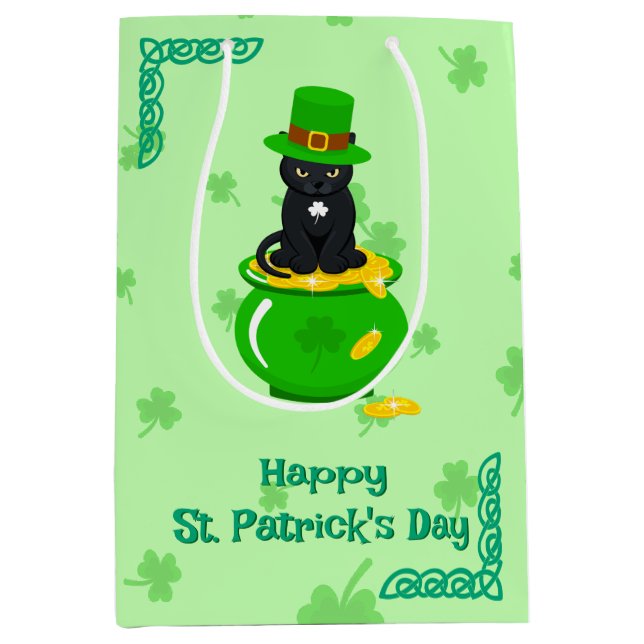 St. Patrick's Day Kleeblatt Pot of Gold Black Cat Mittlere Geschenktüte (Vorderseite)
