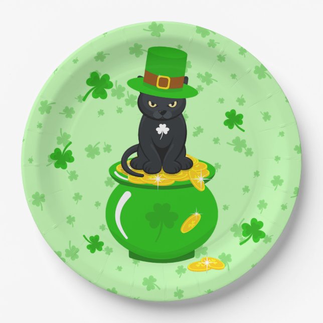 St. Patrick's Day Kleeblatt Pot of Gold Black Cat Pappteller (Vorderseite)