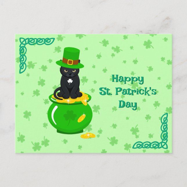 St. Patrick's Day Kleeblatt Pot of Gold Black Cat Postkarte (Vorderseite)